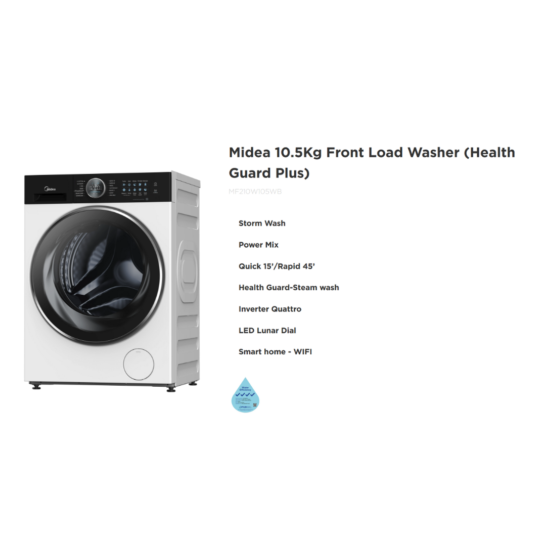 MIDEA MF210W105WB 10.5KG INVERTER SMART CONTROL FRONT LOAD WASHING MACHINE - Image 3