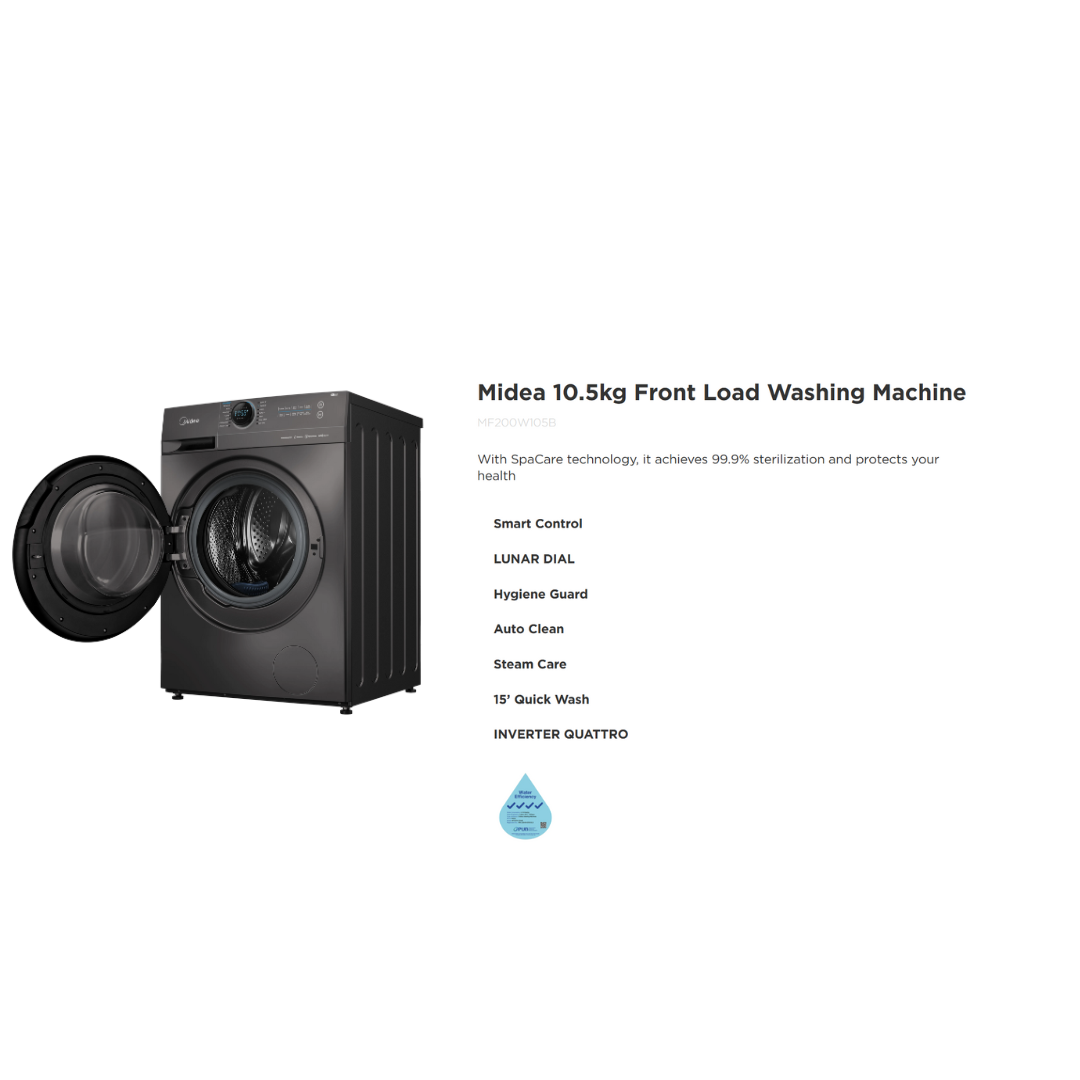 MIDEA MF200W105B 10.5KG INVERTER FRONT LOAD SMART WASHING MACHINE - Image 2